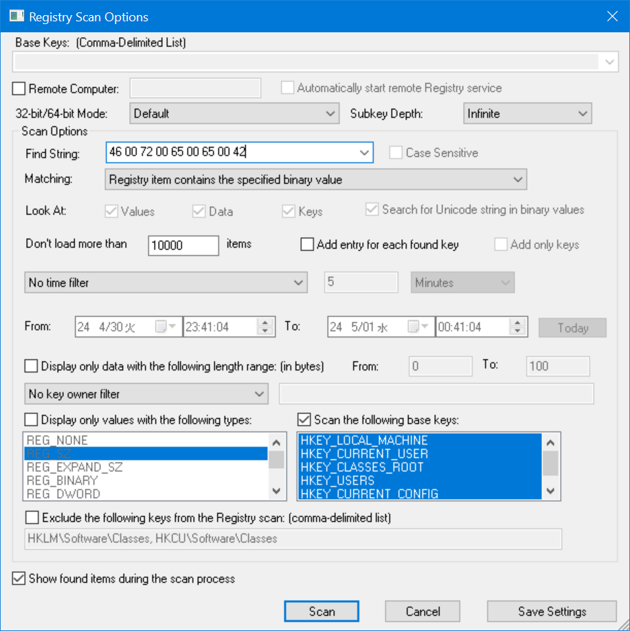 Scan options dialog
